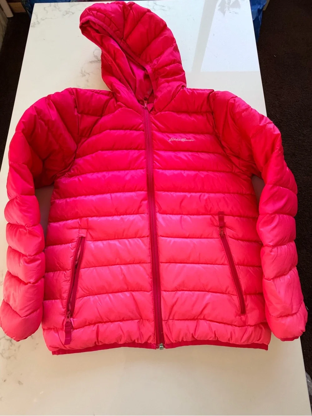 Eddie Bauer Girls Bright Pink Hooded Puffer Jacket Reversible